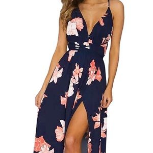 V-Neck Backless Floral Maxi Dress